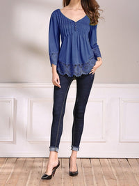 Lace Splice Cotton Nine Point Sleeve T-Shirt