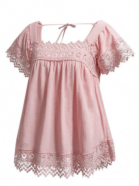 Lace Square Neck Short Sleeve Pullover For Women