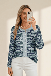 Women's Lace-Trimmed Camouflage Button-Front Top in Sage and Teal