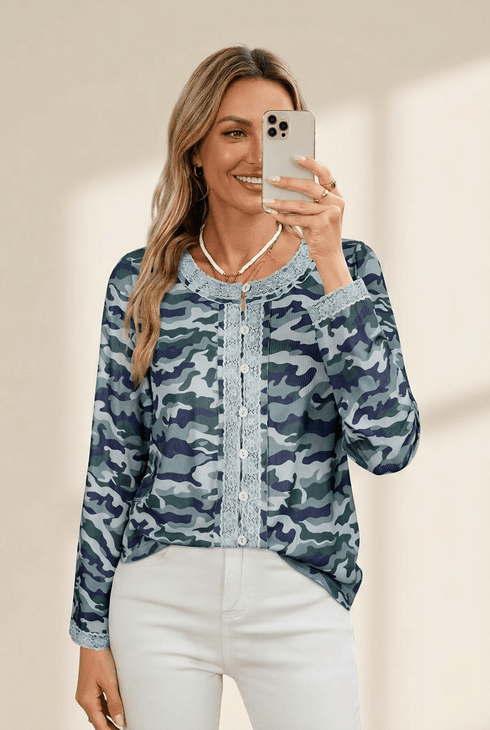 Women's Lace-Trimmed Camouflage Button-Front Top in Sage and Teal