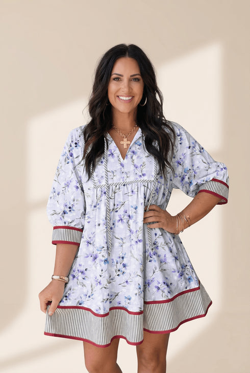 Women's Lavender Floral Puff Sleeve Shift Dress with Striped Hem