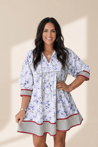 Women's Lavender Floral Puff Sleeve Shift Dress with Striped Hem