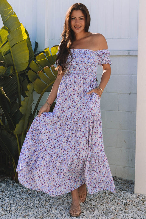 Women's Lavender Floral Smocked Maxi Dress with Off-Shoulder Sleeves