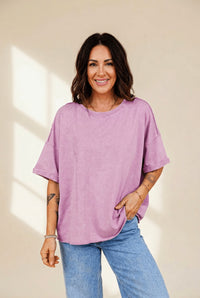 Women's Lavender Mineral Wash Cotton Drop Shoulder Tee with Raw Edges