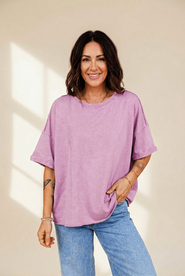Women's Lavender Mineral Wash Cotton Drop Shoulder Tee with Raw Edges