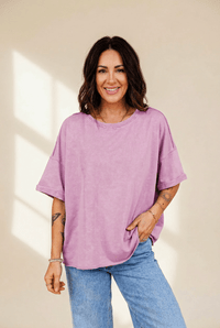 Women's Lavender Mineral Wash Cotton Drop Shoulder Tee with Raw Edges