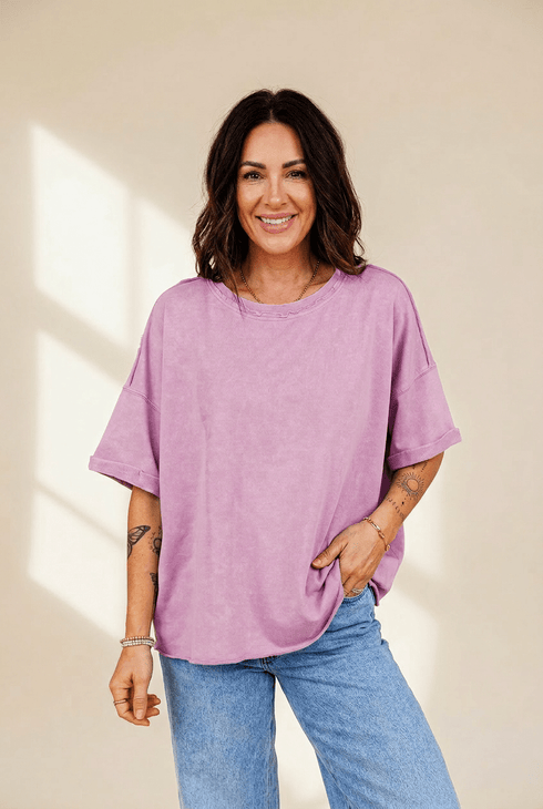 Women's Lavender Mineral Wash Cotton Drop Shoulder Tee with Raw Edges