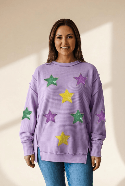 Women's Lavender Sequined Star Ribbed Knit Top