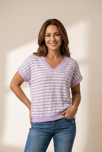 Women's Lavender Striped V-Neck Knit Top with Contrast Trim