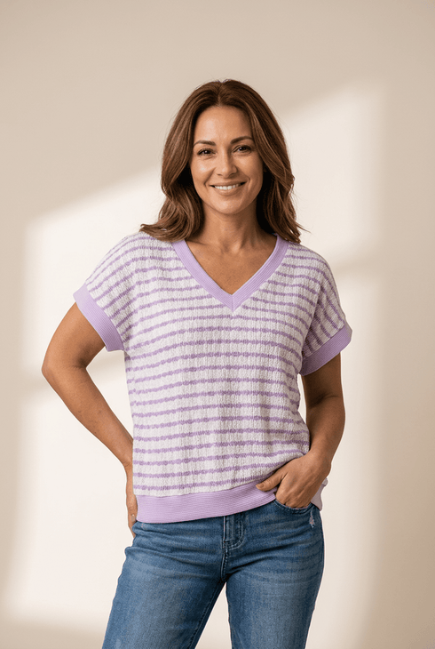 Women's Lavender Striped V-Neck Knit Top with Contrast Trim