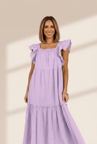 Women's Lavender Tiered Maxi Dress with Smocked Neckline