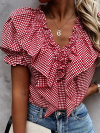 Layered Plaid Short Sleeve V-Neck Lotus Leaf Blouses