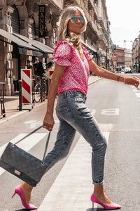 Layered Plaid Short Sleeve V-Neck Lotus Leaf Blouses