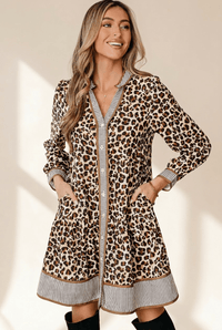 Women's Leopard Print A-Line Mini Dress with Striped Trim Detail