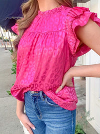 Leopard Print Chiffon Blouse With Ruffle Sleeves