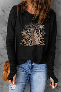 Leopard Print Christmas Tree Black Top with Thumbhole Sleeves