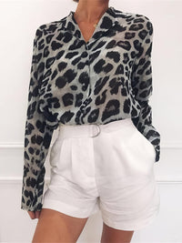 Leopard Print Lapel Button Long Sleeve Blouse
