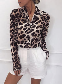 Leopard Print Lapel Button Long Sleeve Blouse