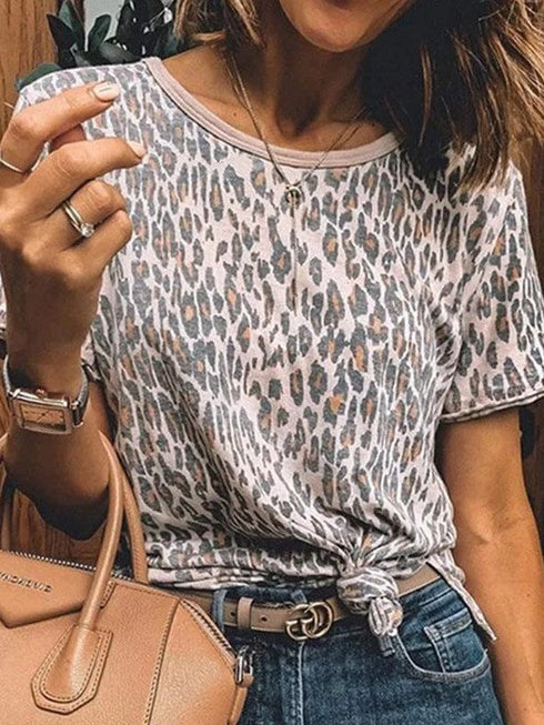 Leopard Print Loose Fit Short Sleeve T-Shirt For Women