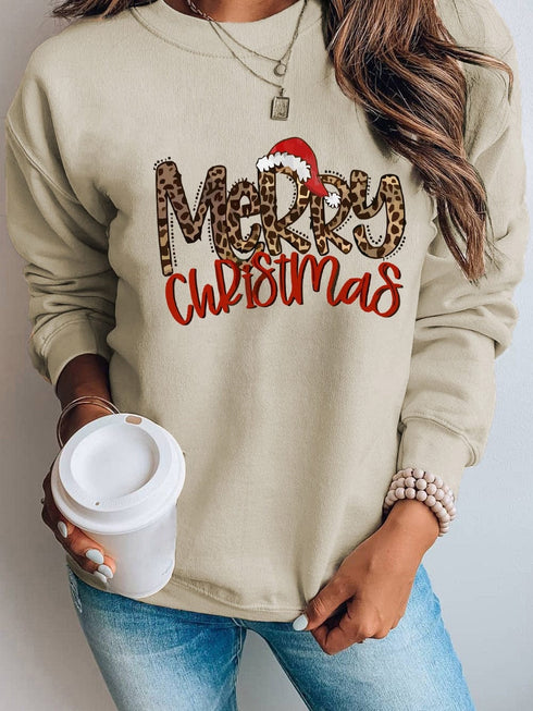 Leopard Print Merry Christmas Hat Khaki Graphic Sweatshirt