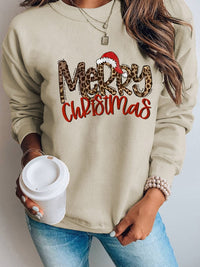 Leopard Print Merry Christmas Hat Khaki Graphic Sweatshirt