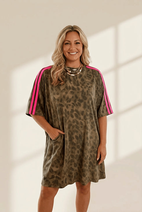 Women's Leopard Print Shift Mini Dress with Contrast Sport Stripes