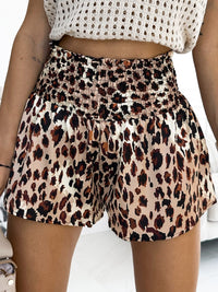 Leopard Print Smocked High Waist Casual Shorts with Flared Fit