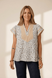 Women's Leopard Print V-Neck Blouse with Camel Color-Block Detail