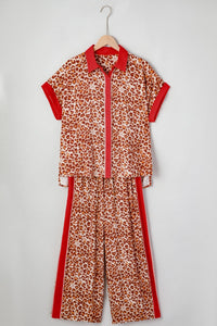 Brown Contrast Trim Leopard Top and Pant Set