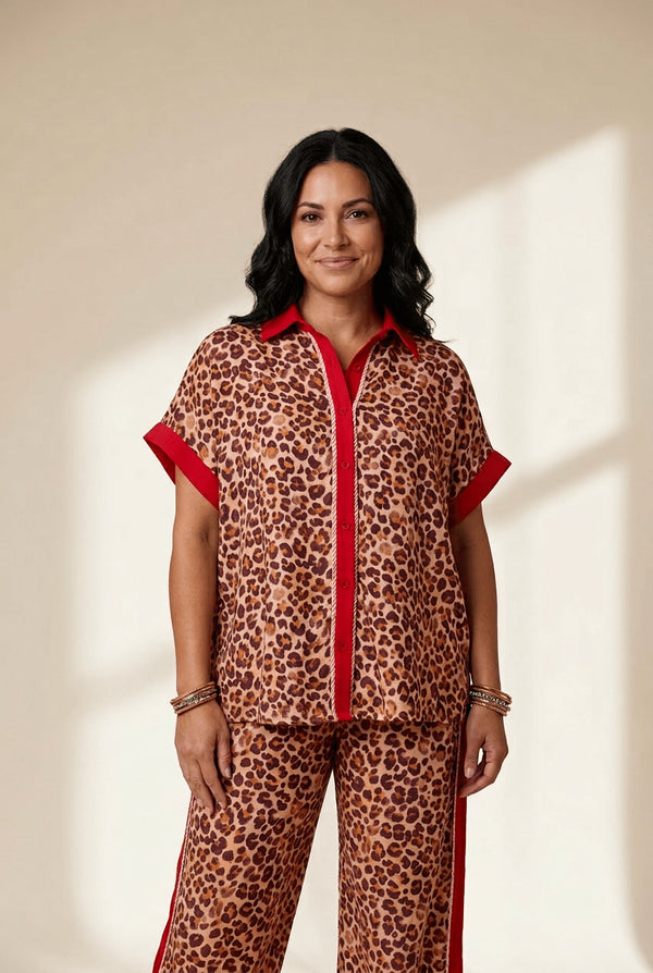 Women's Leopard Print Viscose Loungewear Set with Red Contrast Trim