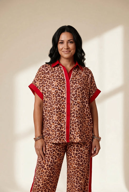 Women's Leopard Print Viscose Loungewear Set with Red Contrast Trim