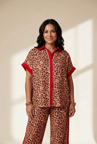 Women's Leopard Print Viscose Loungewear Set with Red Contrast Trim