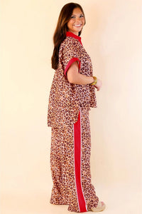 Brown Contrast Trim Leopard Top and Pant Set