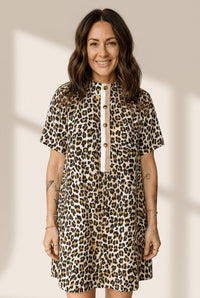 Women's Leopard Print Viscose Shift Dress with Contrast Placket