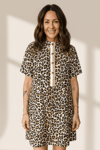 Women's Leopard Print Viscose Shift Dress with Contrast Placket