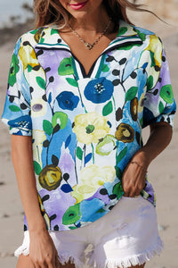Women's Light Blue Floral Slit V-Neck Puff Sleeve Blouse