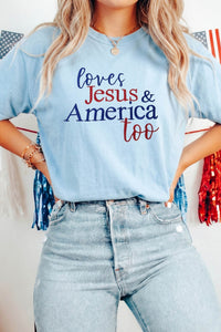 Light Blue Patriotic Embroidered T-Shirt for Women - "Loves Jesus & America Too" Casual Everyday Top with Relaxed Fit