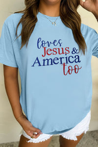 Light Blue Loves Jesus & America Too Patriotic Slogan Embroidered T Shirt