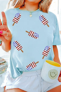 Light Blue Patriotic Sequin T-Shirt for Women with Fun Popsicle Design – Casual Summer Style for Celebrations