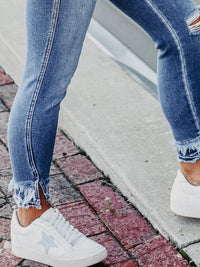 Light Blue Retro Distressed Frayed Skinny Jeans
