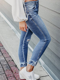 Light Blue Retro Distressed Frayed Skinny Jeans
