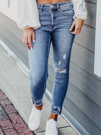 Light Blue Retro Distressed Frayed Skinny Jeans