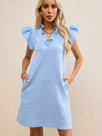 Light Blue Ruffled V-Neck Shift Mini Dress with Puff Sleeves