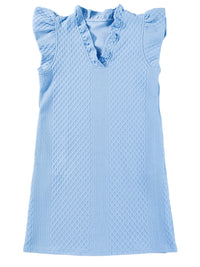 Light Blue Ruffled V-Neck Shift Mini Dress with Puff Sleeves