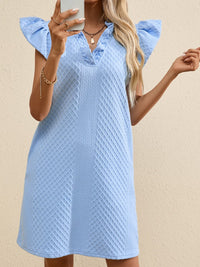 Light Blue Ruffled V-Neck Shift Mini Dress with Puff Sleeves