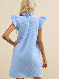 Light Blue Ruffled V-Neck Shift Mini Dress with Puff Sleeves