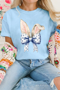 women's light blue women's graphic tee with easter bunny ears and bow - trendy casual top for spring celebrations with practical styling and