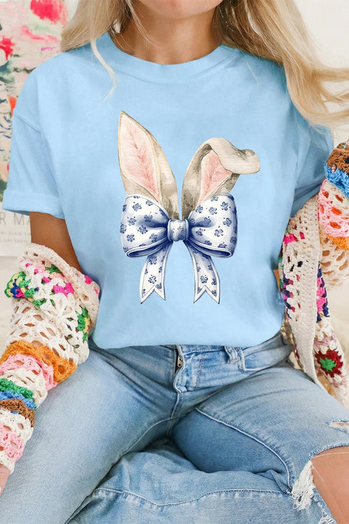women's light blue women's graphic tee with easter bunny ears and bow - trendy casual top for spring celebrations with practical styling and