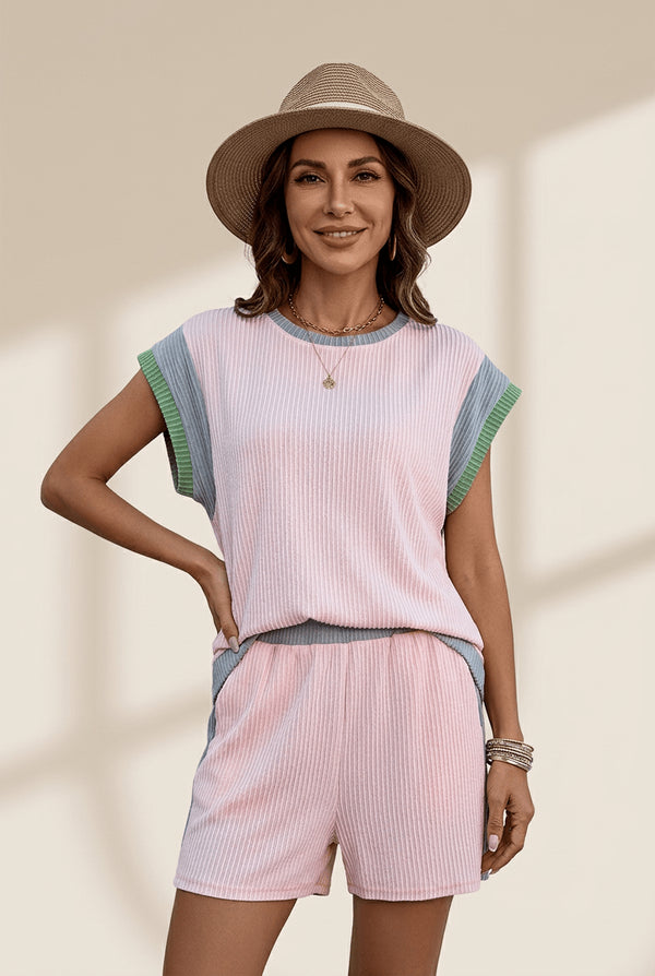 Women's Light Pink Corded Rib Colorblock Top and Shorts Set