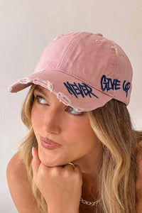 
Women's Light Pink Cotton Distressed Baseball Cap for Women - Trendy "Never Give Up" Motivational Style